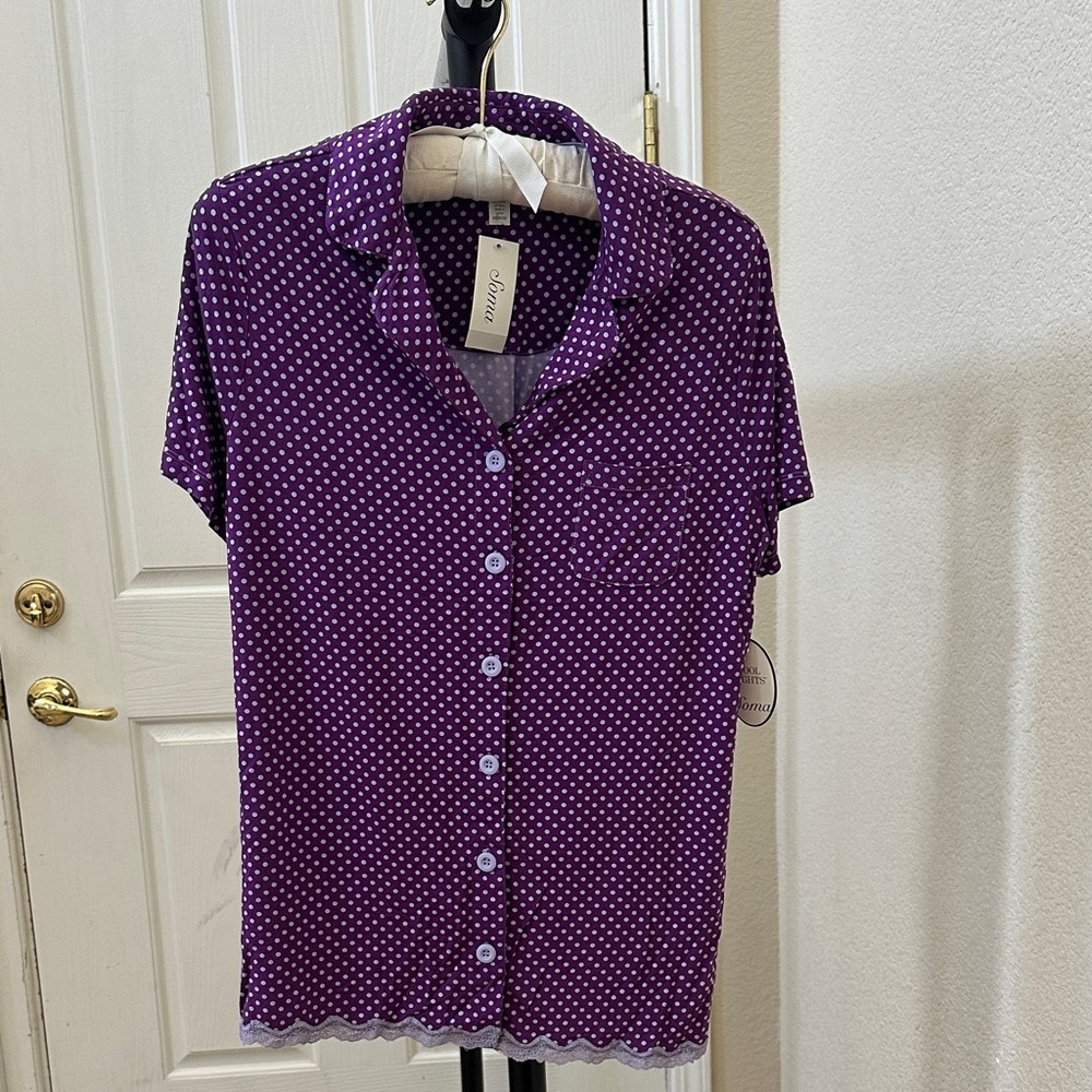 Soma Purple Polka Dot Button-Down Pajama Top and Bottom Set